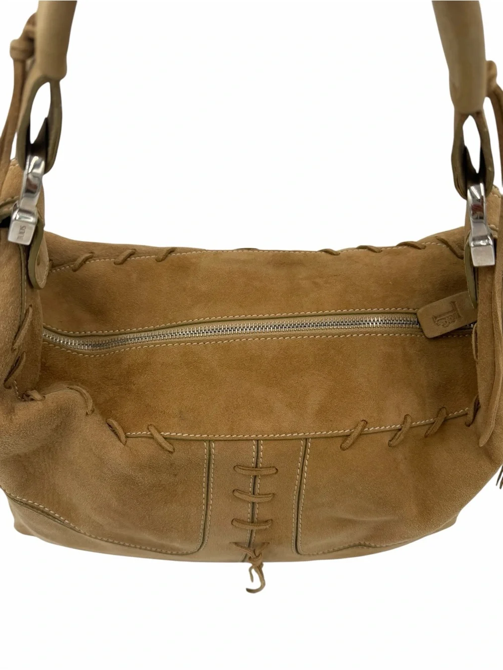 Tod’s Vintage Suede Lace-Up Hobo Shoulder Bag Tan Brown Y2K Italy